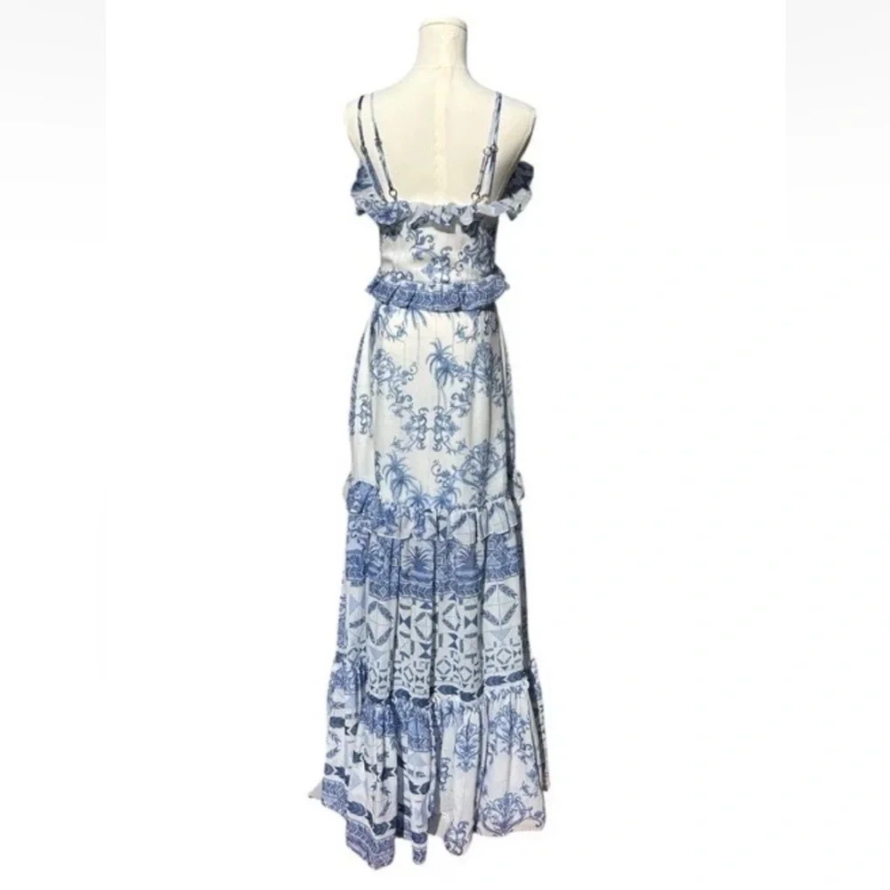 PatBO Amalfi Convertible White/Blue Printed Ruffle Chiffon Maxi Dress Size XS